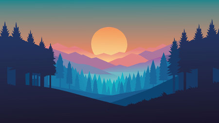 Sunset illuminates a misty forest, blending vibrant colors with the soft embrace of fog flat vector illustrationのイラスト素材