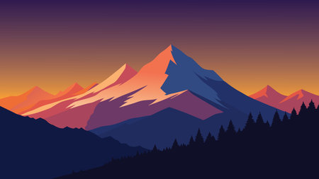Stunning sunset casts vibrant colors over snow-covered mountains, creating a breathtaking winter landscape flat vector illustrationのイラスト素材