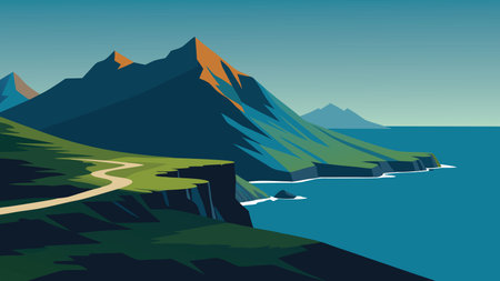 Aerial view showcasing the stunning landscapes of the Faroe Islands, highlighting their rugged terrain and coastal beauty flat vector illustrationのイラスト素材