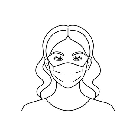 woman in a mask continuous line art flat vector illustration on white backgroundのイラスト素材