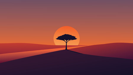 Field at sunset, featuring a solitary tree standing gracefully in the center, casting long shadows flat vector illustrationのイラスト素材