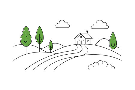 Rural road continuous line art flat vector illustration on white backgroundのイラスト素材