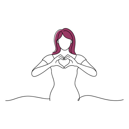 woman forms a heart shape with her hands continuous line art flat vector illustration on white backgroundのイラスト素材