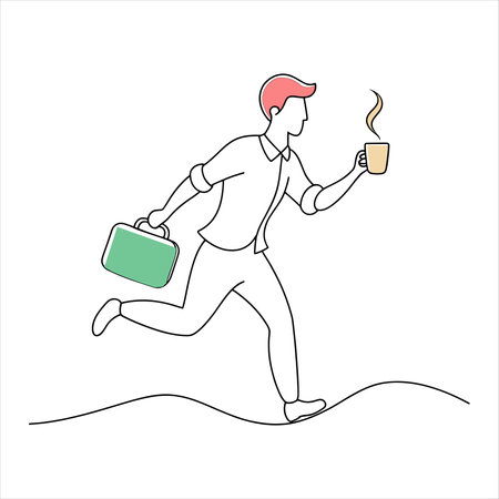 Man dashes forward, clutching a briefcase in one hand and a coffee cup in the other white backgroundのイラスト素材
