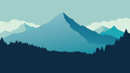 Mountain landscape shrouded in fog, with lush trees enhancing the tranquil atmosphere of nature flat vector illustrationのイラスト素材