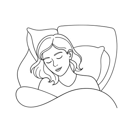Woman peacefully sleeping in a cozy bed, surrounded by soft pillows and blanket continuous line art flat vector illustration white backgroundのイラスト素材