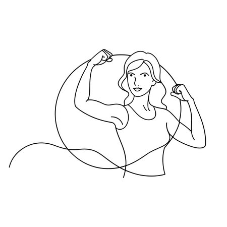 woman confidently flexes her arm in a circular motion, showcasing strength and determination in her expression continuous line art flat vector illustration on white backgroundのイラスト素材