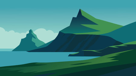 The Faroe Islands, featuring rugged rocks and tranquil waters surrounding the lush green landscape flat vector illustrationのイラスト素材