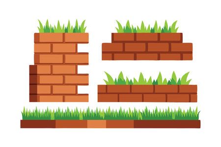 Brick wall covered with grass pattern set flat vector illustration white backgroundのイラスト素材
