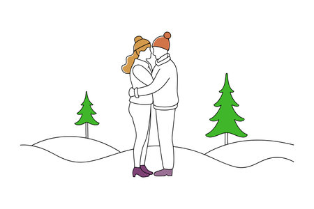 Couple embraces warmly in the snow, surrounded by snow-covered trees in a serene winter landscape line art flat vector illustrationのイラスト素材