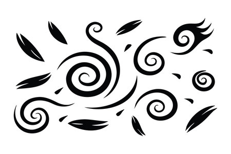 Random wind shapes black brush art illustration on white backgroundのイラスト素材