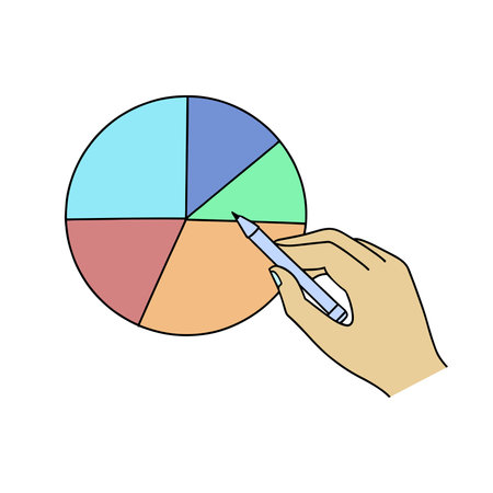 Hand holds a pie chart while another hand grips a pen, symbolizing data analysis and note-taking isolated doodle flat vector illustration on white backgroundのイラスト素材