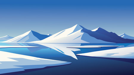 Snowy mountain range with a tranquil lake, showcasing the beauty of nature in winterのイラスト素材