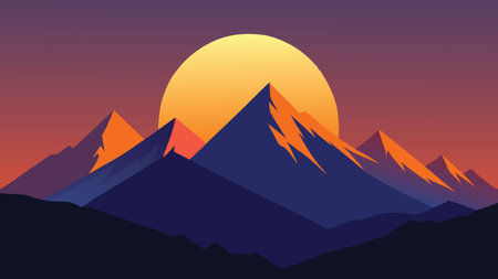 Bright sun illuminates a majestic mountain range, casting vibrant light across the peaks and valleys flat vector illustrationのイラスト素材