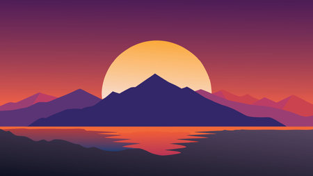 Sunset casts vibrant colors over the sea, with majestic mountains silhouetted in the background flat vector illustrationのイラスト素材