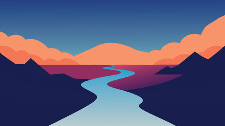 Surreal image depicting a river flowing into a lake, both suspended in a vibrant sky filled with clouds flat vector illustrationのイラスト素材