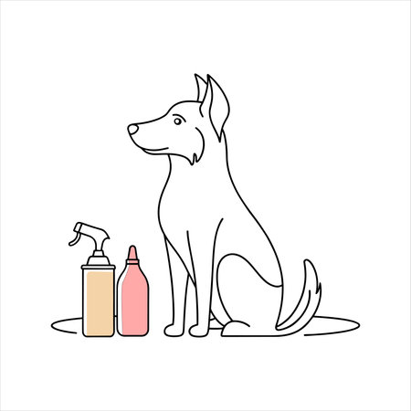 Dog with a spray bottle and shampoo, illustrating pet grooming activities isolated doodle line art flat vector illustration on white backgroundのイラスト素材