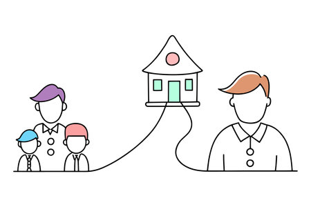 Line drawing of a family with children outside a house, symbolizing a nurturing daycare environment isolated doodle line art flat vector illustration on white backgroundのイラスト素材