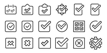 Check mark related editable stroke outline icons set isolated flat vector illustration on white backgroundのイラスト素材