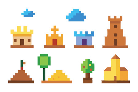Pixelated game scenery collection set isolated flat vector illustration on white backgroundのイラスト素材