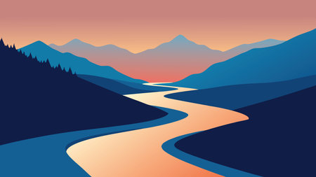 Tranquil river winding through a valley flat vector illustration Nature backgroundのイラスト素材