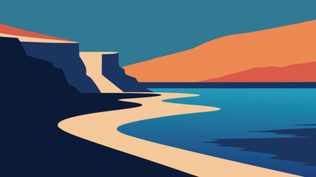 Beach featuring a stream flowing through it, bordered by a majestic cliff in the background flat vector illustration Nature backgroundのイラスト素材