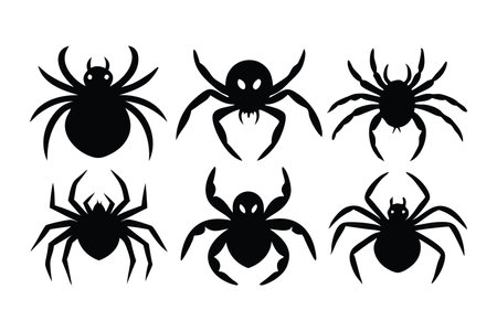 Halloween spider silhouettes set isolated flat vector illustration on white backgroundのイラスト素材