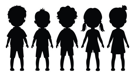 Kids stand silhouettes set isolated flat vector illustration on white backgroundのイラスト素材