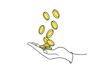 Hand holding several coins, showcasing simplicity and elegance in design isolated doodle line art flat vector illustration on white backgroundのイラスト素材