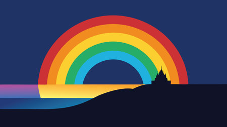 Vibrant rainbow arcs over the ocean, with a distant castle silhouetted against the sky flat vector illustration Nature backgroundのイラスト素材