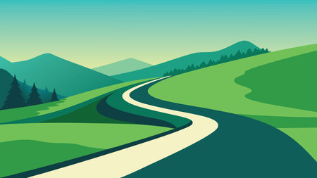 Winding road traversing a vibrant green landscape, surrounded by gentle hills and open skies flat vector illustration Nature backgroundのイラスト素材