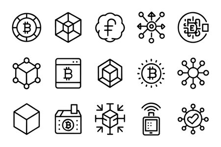 Blockchain package. Bitcoin, NFT related editable icon set isolated flat vector illustration white backgroundのイラスト素材