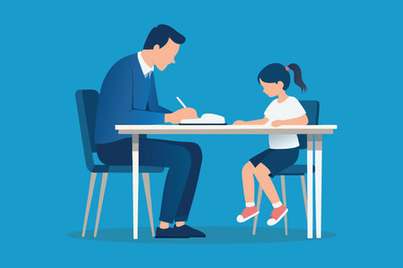Girl being taught to study by a man at a desk. isolated flat vector illustrationのイラスト素材