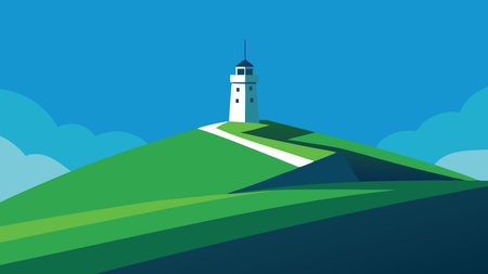 Green grassy hill topped with a white lighthouse against a clear blue sky  flat vector illustrationのイラスト素材