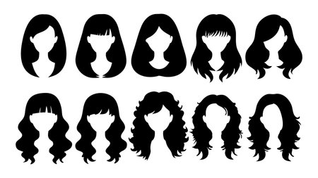 Beauty long-hair girl silhouettes set isolated flat vector illustration on white backgroundのイラスト素材
