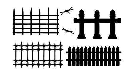 Fence wire mesh barbed wire silhouettes set isolated flat vector illustration on white backgroundのイラスト素材