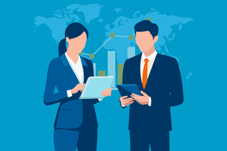 Man and woman working using digital tablet tech discussing financial market data standing at corporate office meeting. isolated  flat vector illustrationのイラスト素材