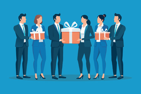 Happy business people hold gift box isolated flat vector illustrationのイラスト素材