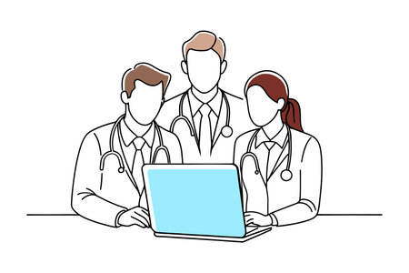 Doctors collaborating around a laptop, showcasing teamwork and technology in healthcareisolated continuous line art flat vector illustration on white backgroundのイラスト素材