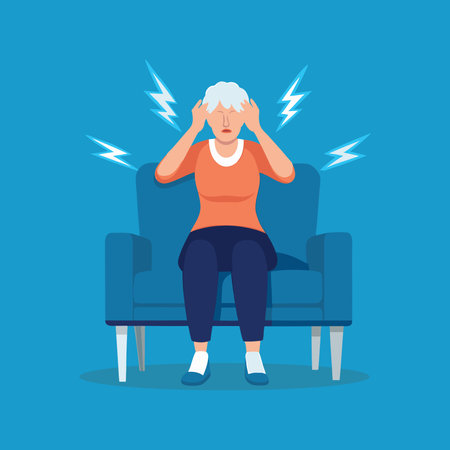 Elderly woman headache or migraine pain isolated flat vector illustrationのイラスト素材