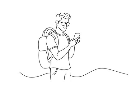 man wearing glasses and a backpack is intently looking at his phone outdoors continuous line art flat vector illustration on white backgroundのイラスト素材