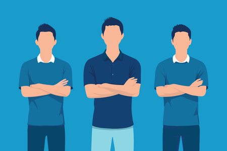 Positive, happy asian young man, handsome male wearing casual, portrait of smart guy feeling prond flat vector illustration,のイラスト素材