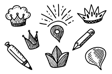 Cartoon pencil sketches of decorative icons. Vector illustration of fire, highlight hand drawn isolated flat vector illustration on white backgroundのイラスト素材