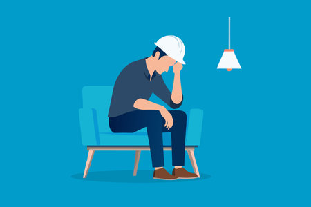 Engineer industry unemployed. Feeling stress, tired and headache asian man sitting depressed  isolated  flat vector illustrationのイラスト素材