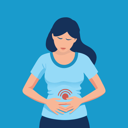 Young woman, girl hands in belly, stomach pain from food poisoning, abdominal pain and digestive problem,isolated flat vector illustrationのイラスト素材