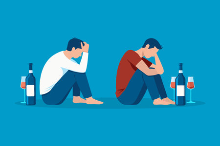 The struggles of alcoholism intertwined with the weight of depression, illustrating emotional turmoil isolated flat vector illustrationのイラスト素材