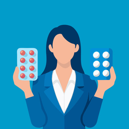 woman holds a pill pack, showcasing a small pill nestled within, emphasizing health and medication isolated flat vector illustrationのイラスト素材