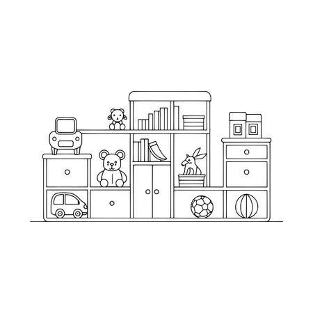 Children room interior. Furniture and toys. Black and white vector illustration.のイラスト素材