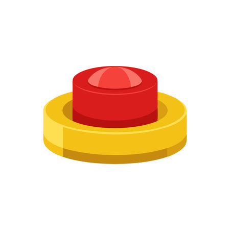 Red emergency stop button on yellow base isolated flat vector illustration on white backgroundのイラスト素材