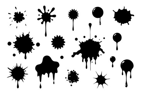 Black and white grunge ink splat set isolated flat vector illustration on white backgroundのイラスト素材